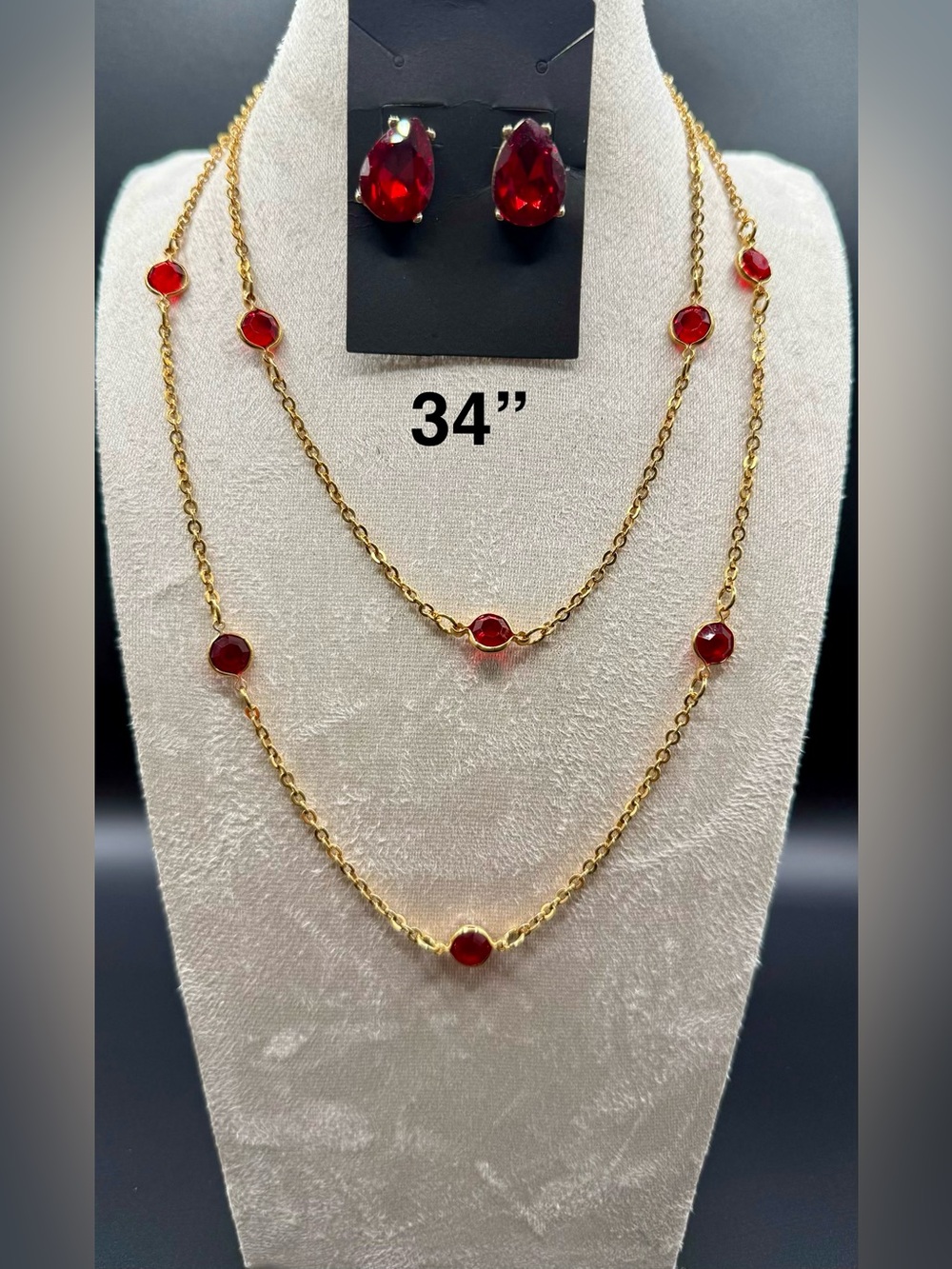 Gold-Tone Double Layer Necklace with Red Gem Accents